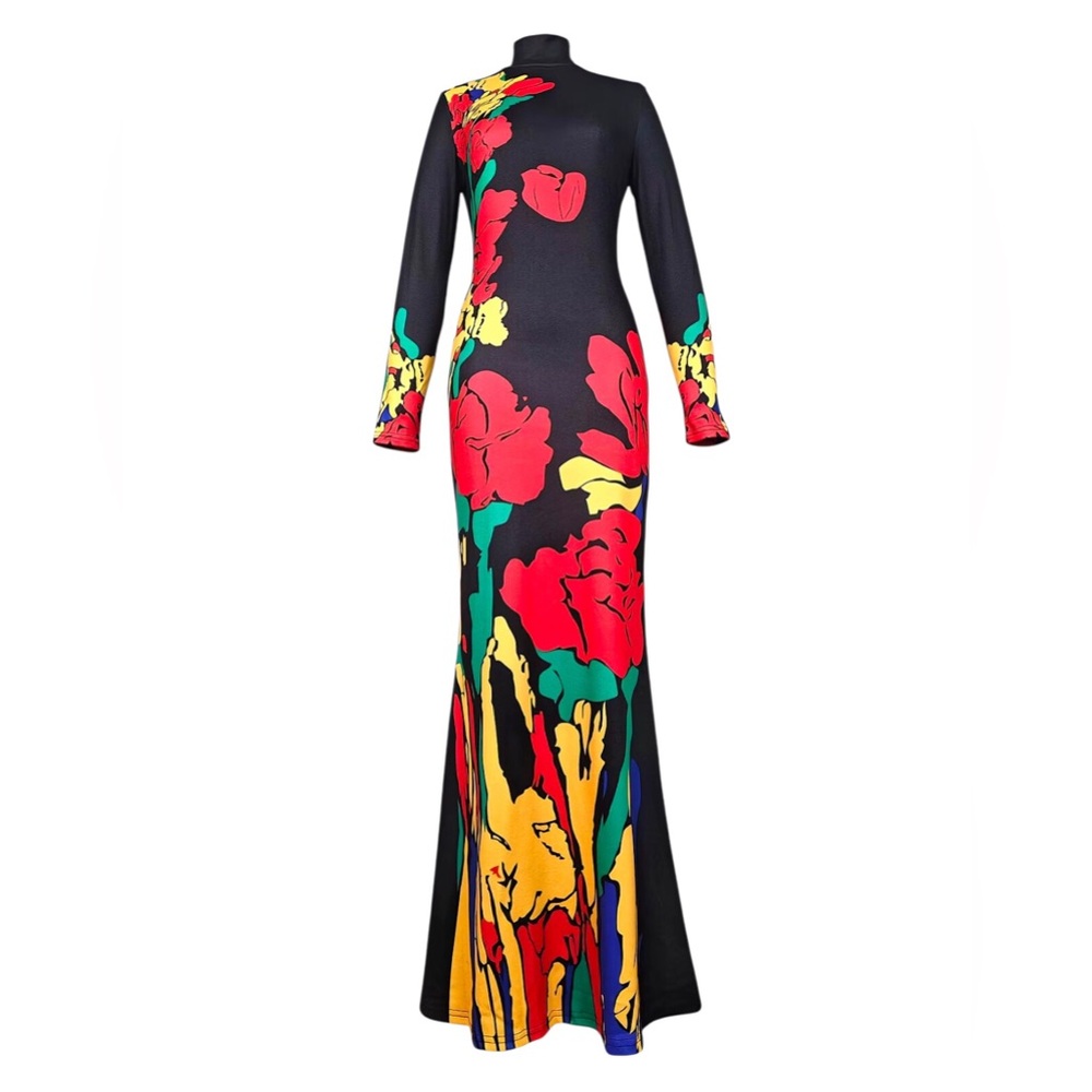 Elegant Black Maxi Dress with Red Floral Print